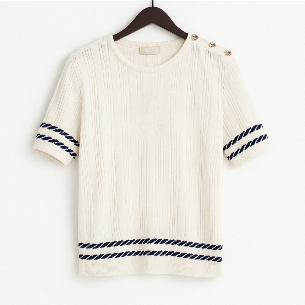 Company Collection White Nautical Short Sleeved Knit  Sweater Sz XL